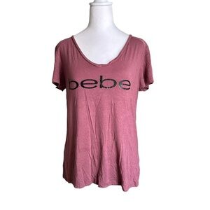 Bebe Sport Women's Antique Rose V-Neck Logo Tee Shirt Top  Size M